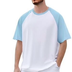 Men's White and Blue Raglan Sleeve Graphic Collared Quick Dry Shirt L